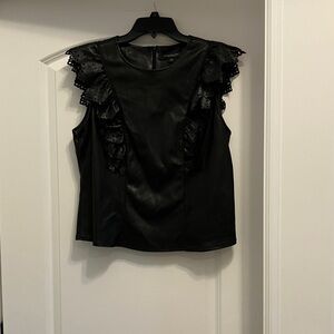 Faux Leather Marc New York Black Ruffled Blouse Size Large